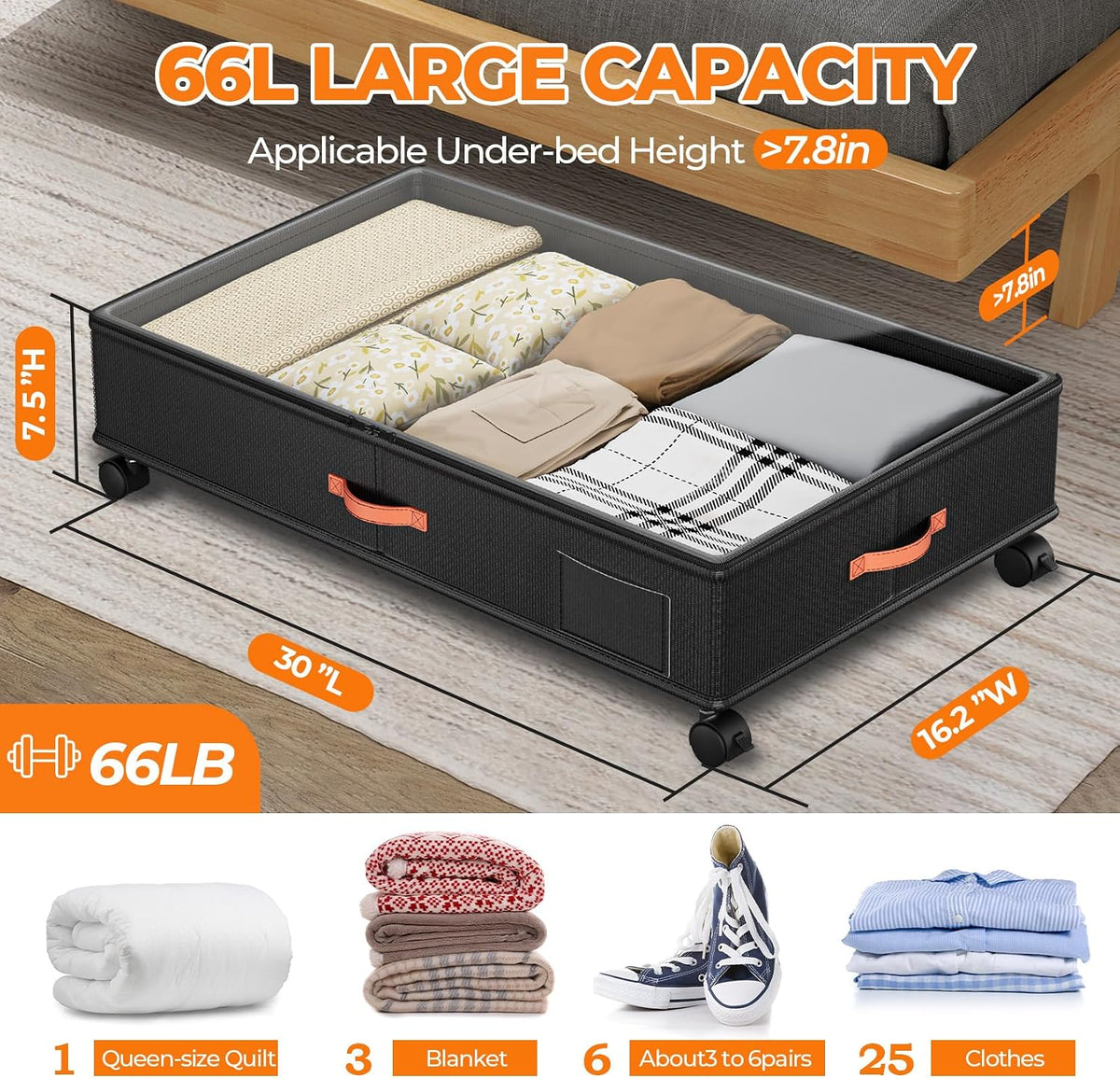 Under Bed Storage with Wheels,2-Pack Under Bed Storage Containers with Clear Lids,XXL Large Under the Bed Storage Organizer Bins With Handles,Space Saving Design for Clothes,Shoes,Books-Black - Field & Nook