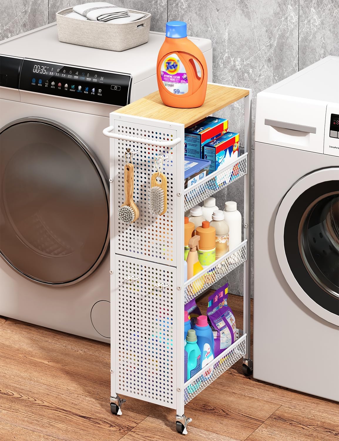Slim Wood-Top Rolling Laundry Storage Cart - Field & Nook