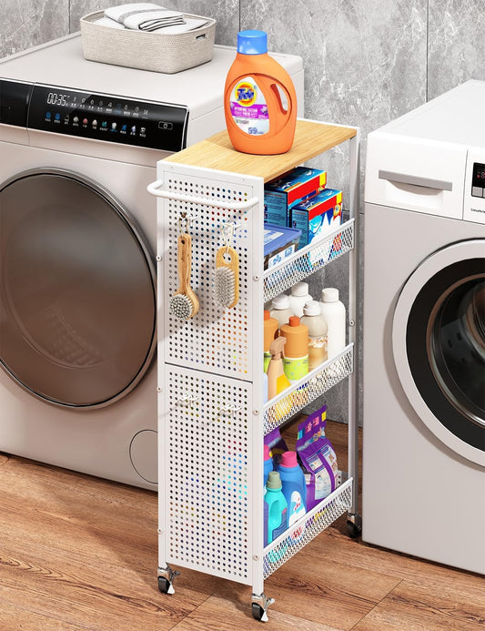 Slim Wood-Top Rolling Laundry Storage Cart - Field & Nook