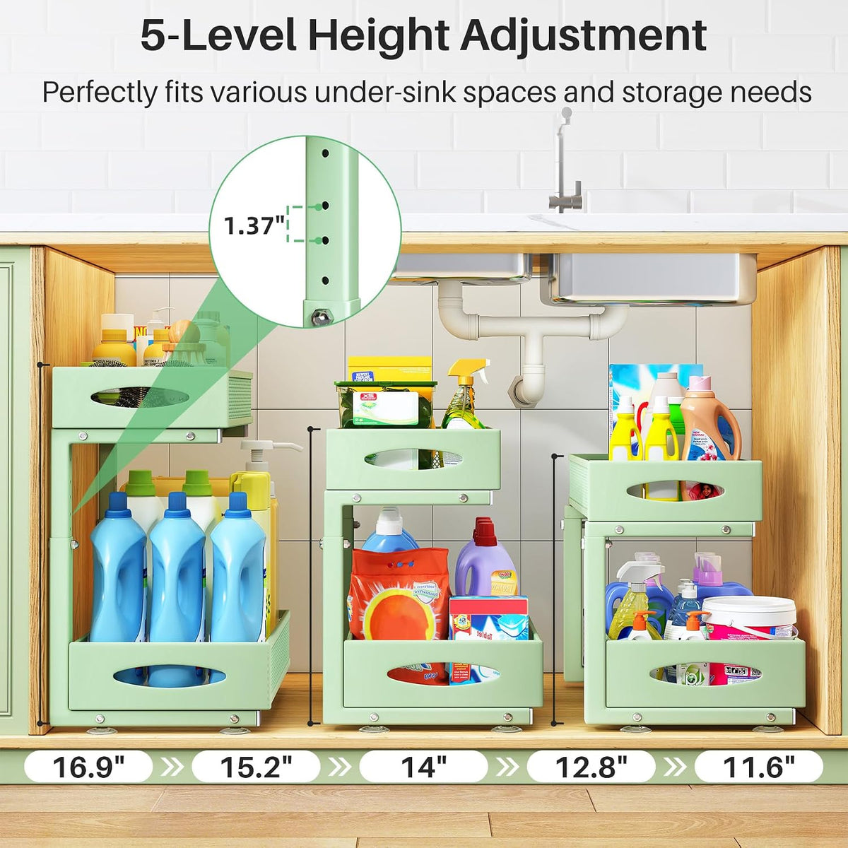 2 Pack Under Sink Organizer, 2 Tier Pull out Cabinet Organizer Mesh Baskets with 5 Adjustable Heights, Sliding Drawers Storage Shelf for Home, Kitchen, Bathroom, Pantry, Office, Countertop ,Green - Field & Nook