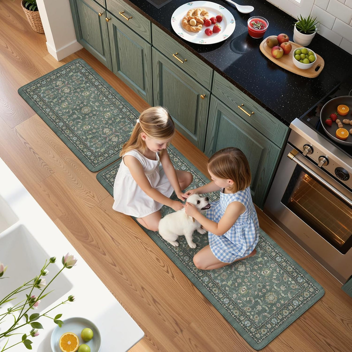 KIMODE Kitchen Mats for Floor Cushioned Anti Fatigue,Kitchen Rugs Sets of 2 | 17.3"x47"+ 17.3"x29",Dark Green,Vintage Kitchen Rug Non Slip,Memory Foam Carpet for Laundry Office Home Decor
