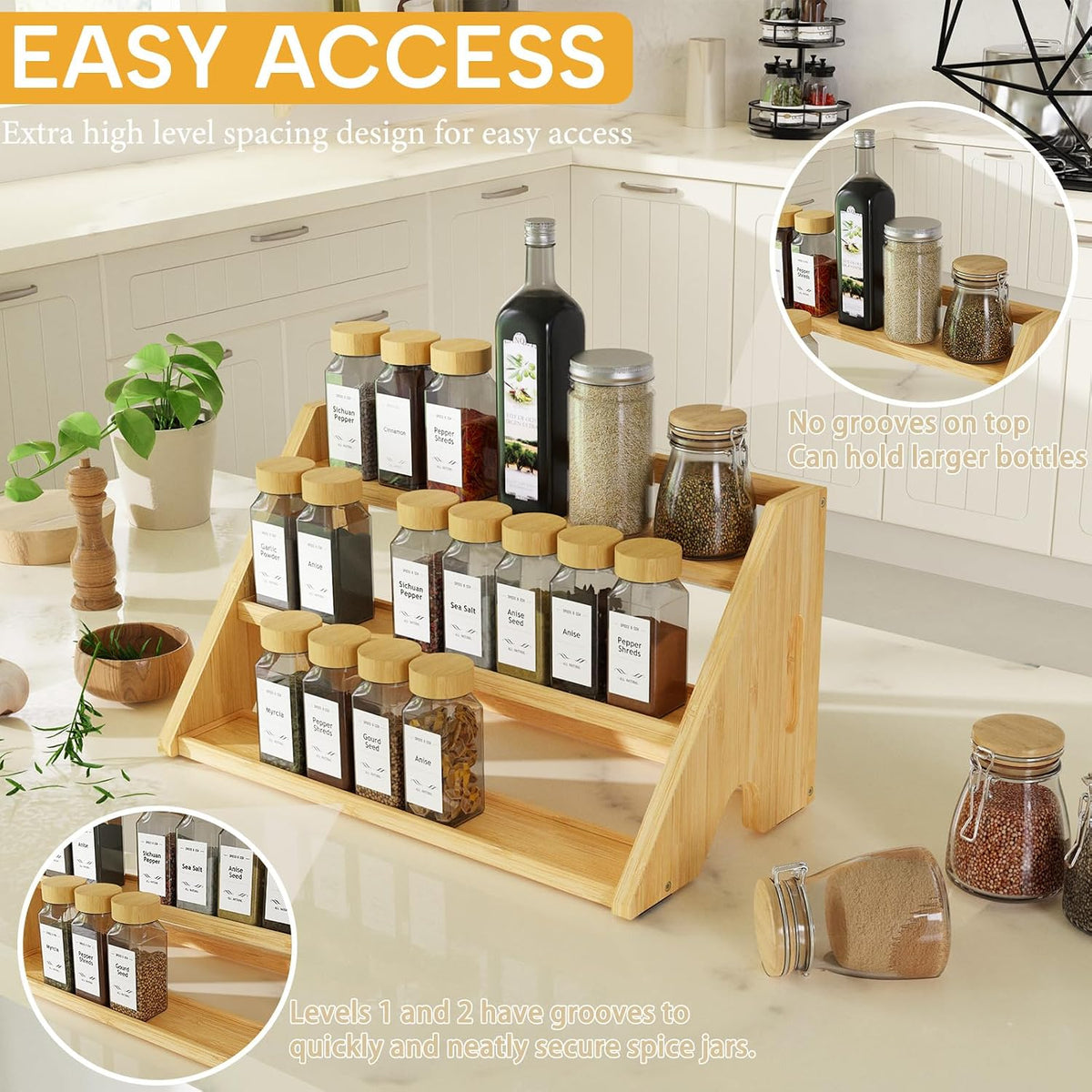 Bamboo Spice Rack Organizer -3-Tier Spice Rack for Countertop,Cabinet Spice Rack Organizer for 24 Spice Jars(4oz)，Step Shelf (yellow) - Field & Nook