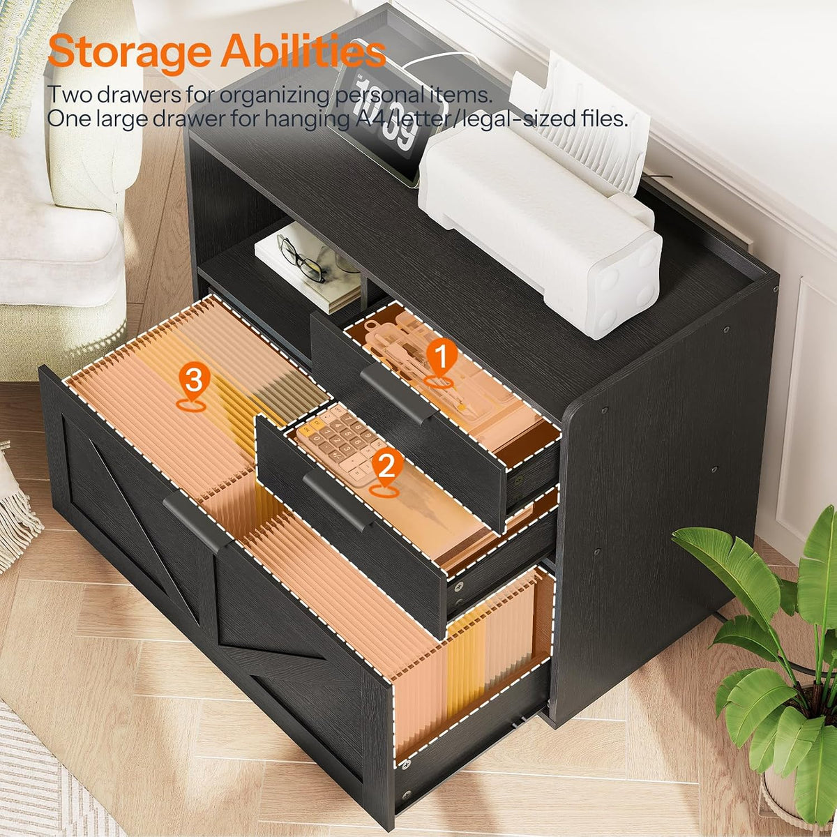 HOOBRO Lateral File Cabinet, Wooden Office Storage Drawers with Charging Station, Filing Cabinet for Home Office, A4/Letter/Legal-Sized Files, Printer Stand with Open Storage Spaces, Black BB37UWJ01 - Field & Nook