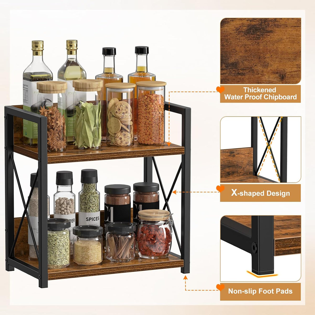 Giikin Kitchen Countertop Organizer, 2 Tier Spice Rack Organizer for Pantry, Kitchen Counter Shelf Wood Coffee Station Organizer (Brown, M) - Field & Nook