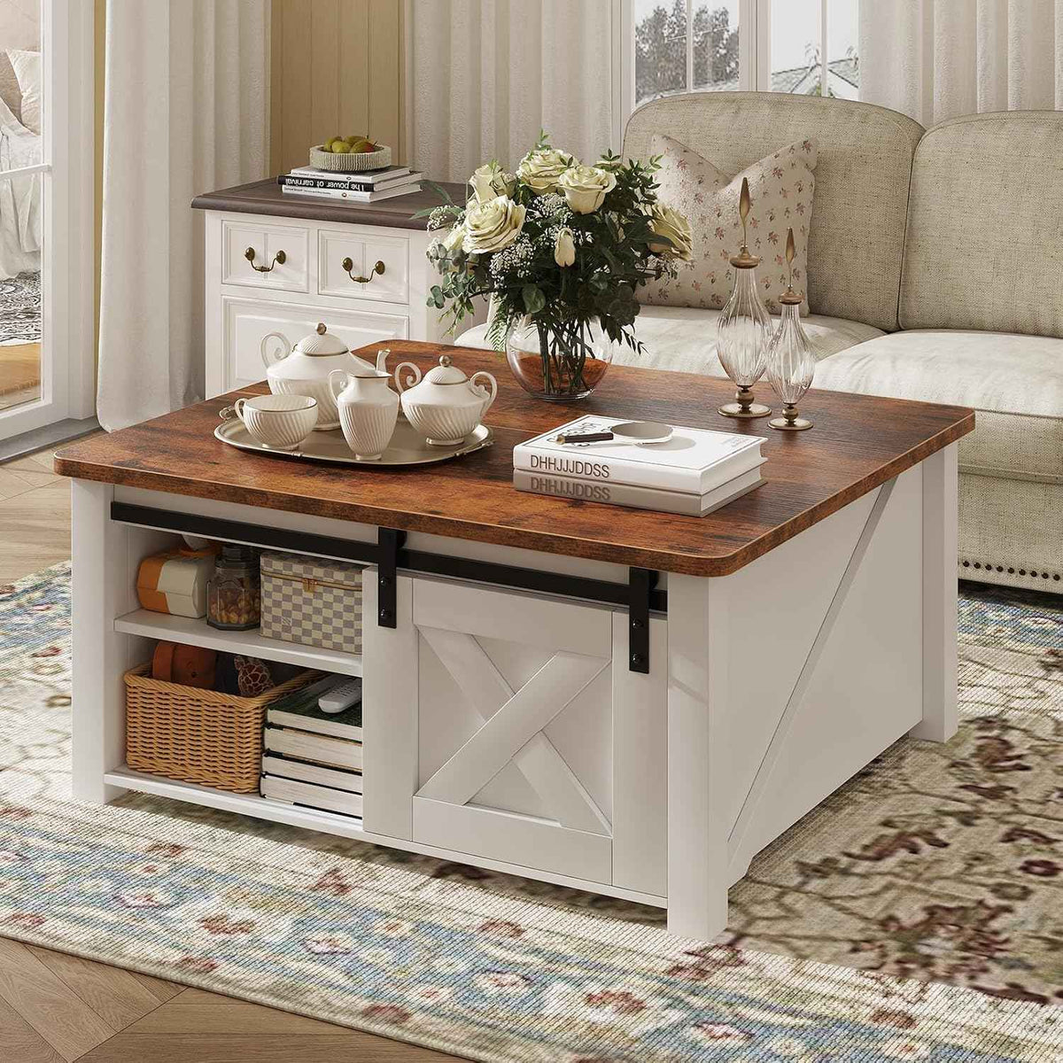 DUMOS Lift Top Coffee Table with Hidden Storage, White