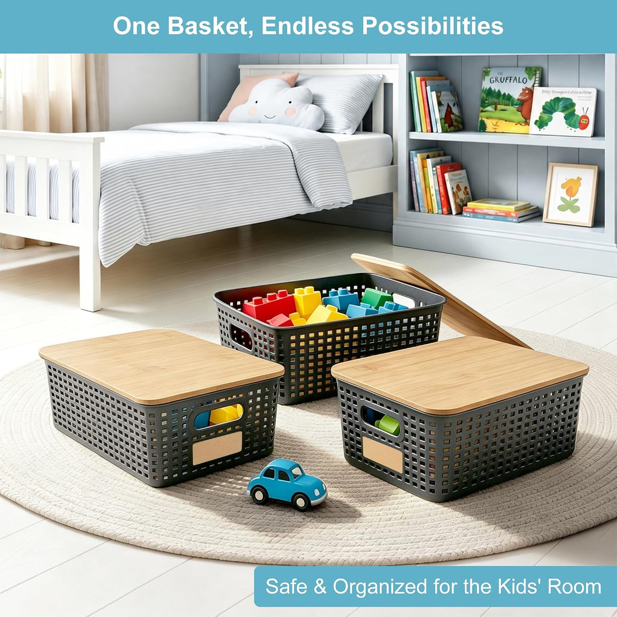 Small Plastic Storage Bins with Bamboo Lids 5.2qt Stackable Box Basket Pantry Decorative Containers Cute with Lable for Organizing Desktop Closet Office Gray of 6 packs 10 * 7.2 * 4.1" - Field & Nook
