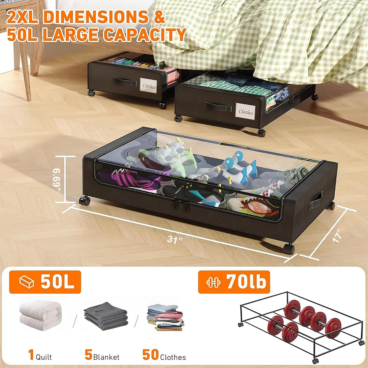 Under Bed Storage with Wheels, 2 Pack Under Bed Storage Containers with Clear Lids, XXL 65L Under Bed Storage Organizer, Rolling Under Bed Metal Drawer for Blanket, Clothes, Shoes (31 x 17 x 6.69 in) - Field & Nook