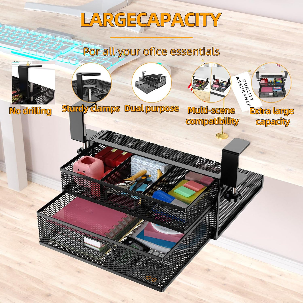 Under Desk Drawer Organizer No Drilling 2 Slide Out Drawer Under Desk Storage Drawer Clamp On Under Desk Management Drawer Organizer Suitable for Home and Office - Field & Nook