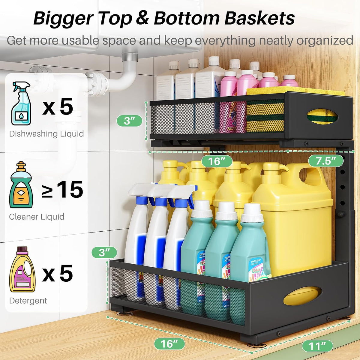 Under Sink Organizer, 2-Pack Pull Out Cabinet Organizer 2 Tier Metal Slide Out Storage Shelf Rack, L-Shaped Adjustable Height,Mesh Sliding Drawer for Kitchen, Bathroom, Laundry, Pantry, Black, XL - Field & Nook