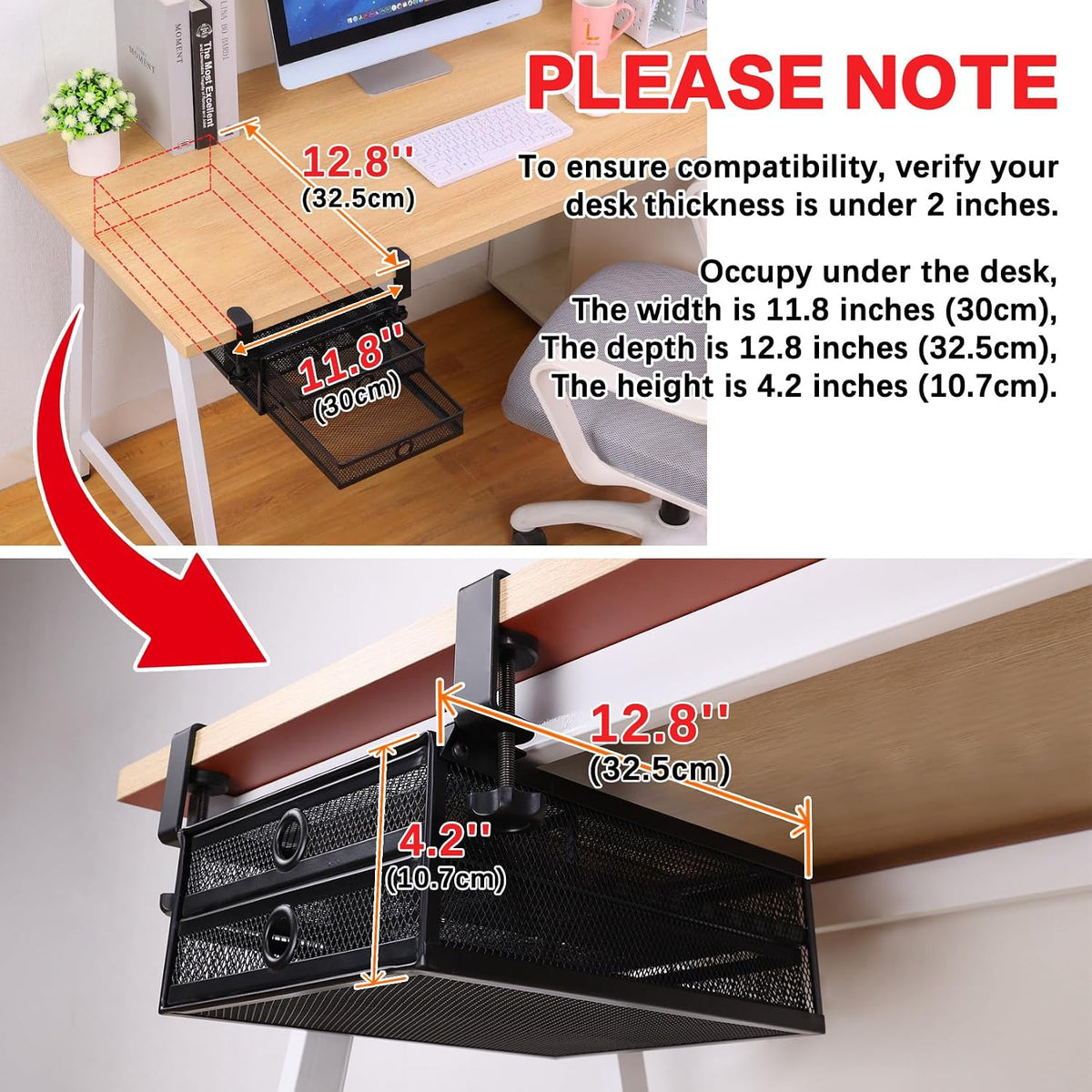 ROSYLINE Under Desk & Desktop Drawer Organizer, 2-Tier Big Capacity | Steel Construction, Clip-On No Drill Installation, Fits A4 Paper, for Office & Household Supplies - Field & Nook