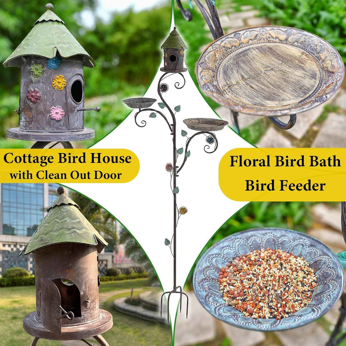 71" H Bird Baths for Outdoors, Bird Baths and Bird Houses with Pole, Metal Bird House Stake, Standing Bird Feeder and Bath Combo, Tall Birdbath with 4-Prong Stake for Outside Garden Decor