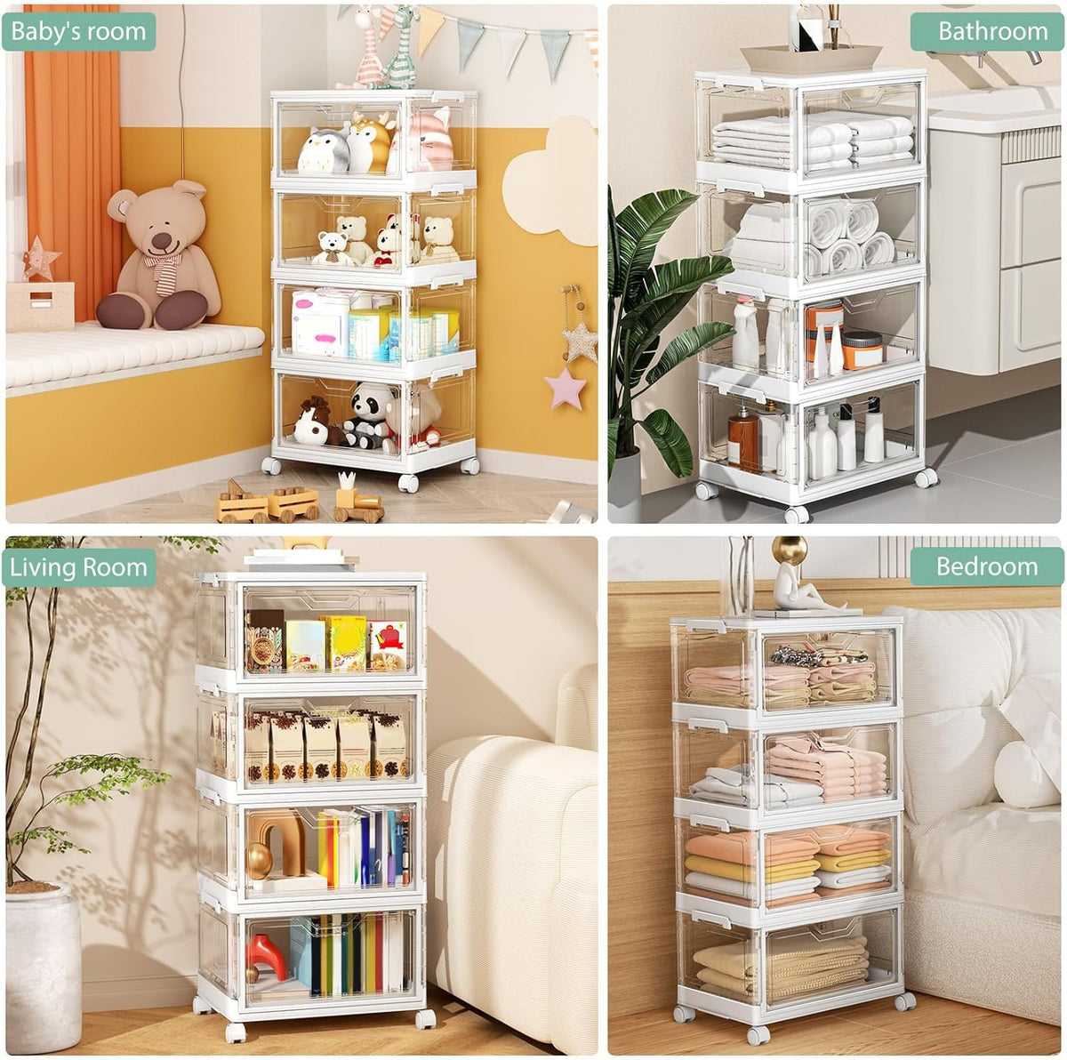 Kmiectse Clear Storage Bins with Lids - 4 Tier 23qt Plastic Stackable Bins | Closet Organizers Box for Bedroom, Living Room, 23 QT Folding Box with Magnetic door - Field & Nook