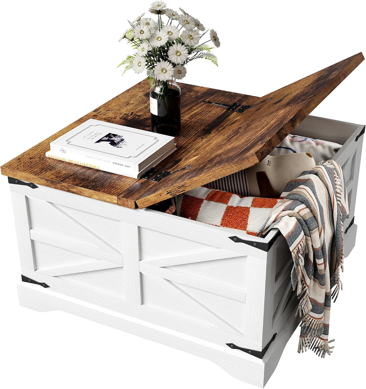 MXV Farmhouse Coffee Table with Storage, White