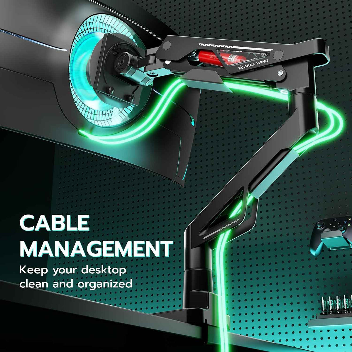 ARES WING Ultrawide Gas Spring Monitor Arm 57"66Lbs VESA Clamp Grommet Base | Height Adjustable & Extendable, Ultrawide Screen Support, Standard VESA Fit, Clamp & Grommet Base, Ideal for Desktop Setup