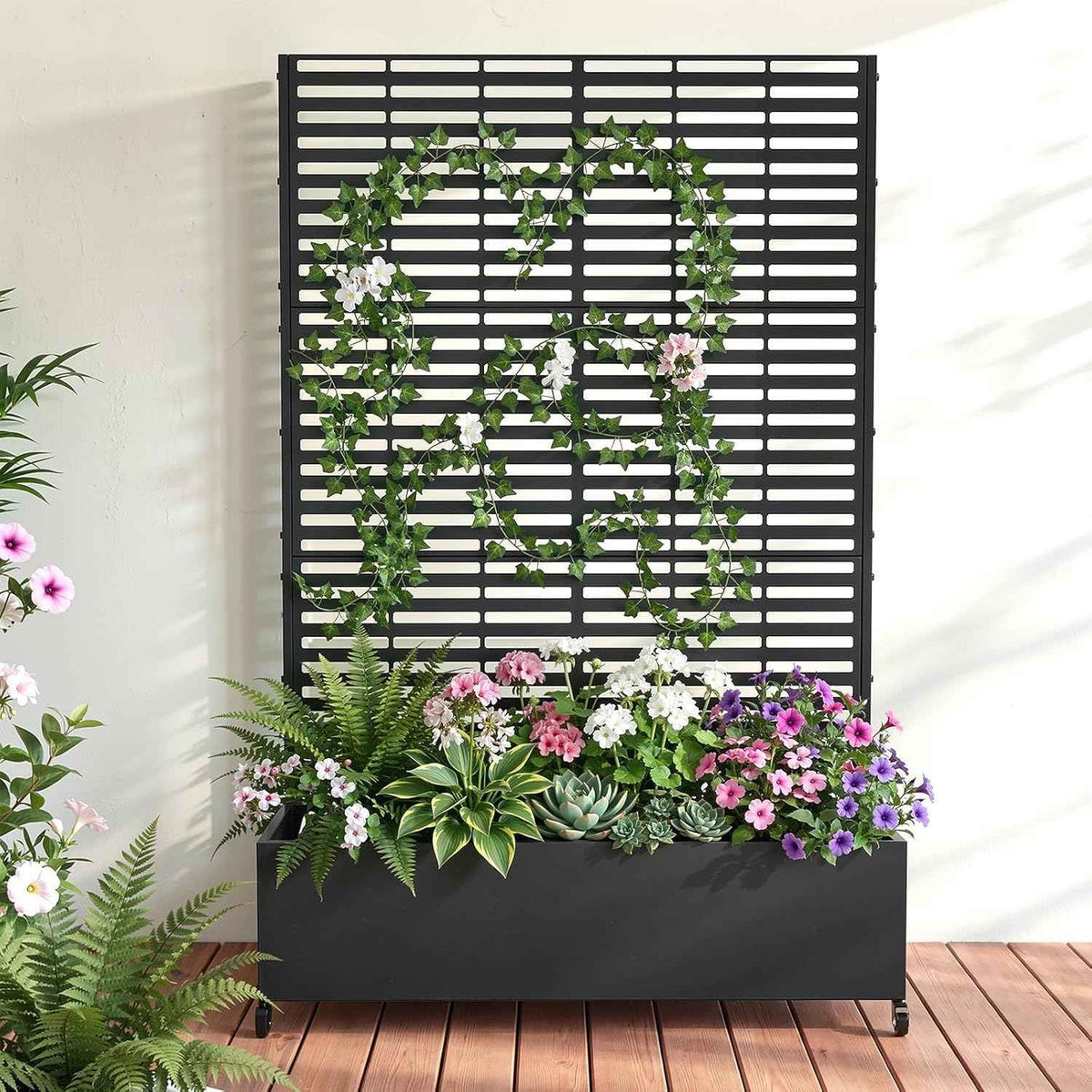 Metal Raised Garden Bed with Trellis and Wheels, 73" x 47" x 16" Planter Box with Trellis with Drainage Holes, Privacy Planters for Patio with Privacy Screen for Climbing Plants Flower Vegetables