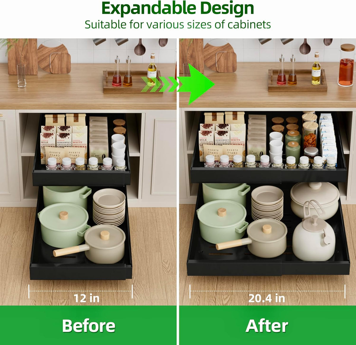 PAKETA 2 Pack Expandable Pull Out Cabinet Organizer,21" Deep | Pull Out Drawers for Cabinets with width from 12" to 20",Sliding Drawers for Cabinets with Upgrade 3 Slide Rails,hold 65 lbs - Field & Nook