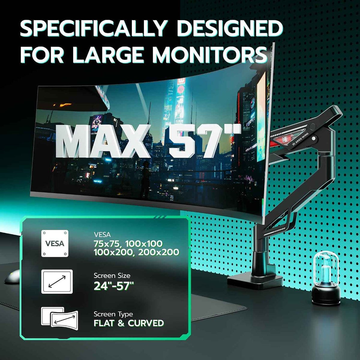 ARES WING Ultrawide Gas Spring Monitor Arm 57"66Lbs VESA Clamp Grommet Base | Height Adjustable & Extendable, Ultrawide Screen Support, Standard VESA Fit, Clamp & Grommet Base, Ideal for Desktop Setup