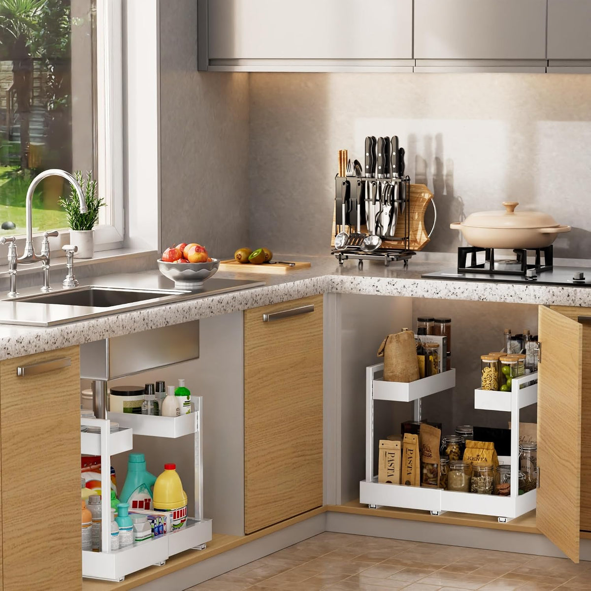 NEWMATIC Adjustable Under Sink Organizer Pull Out Drawers, 2-Tier Slide Out Cabinet Storage Shelf for Kitchen Sink, Height & Width Extendable White, 15''D x 13''-20.5''W x 15''H(1Pack) - Field & Nook