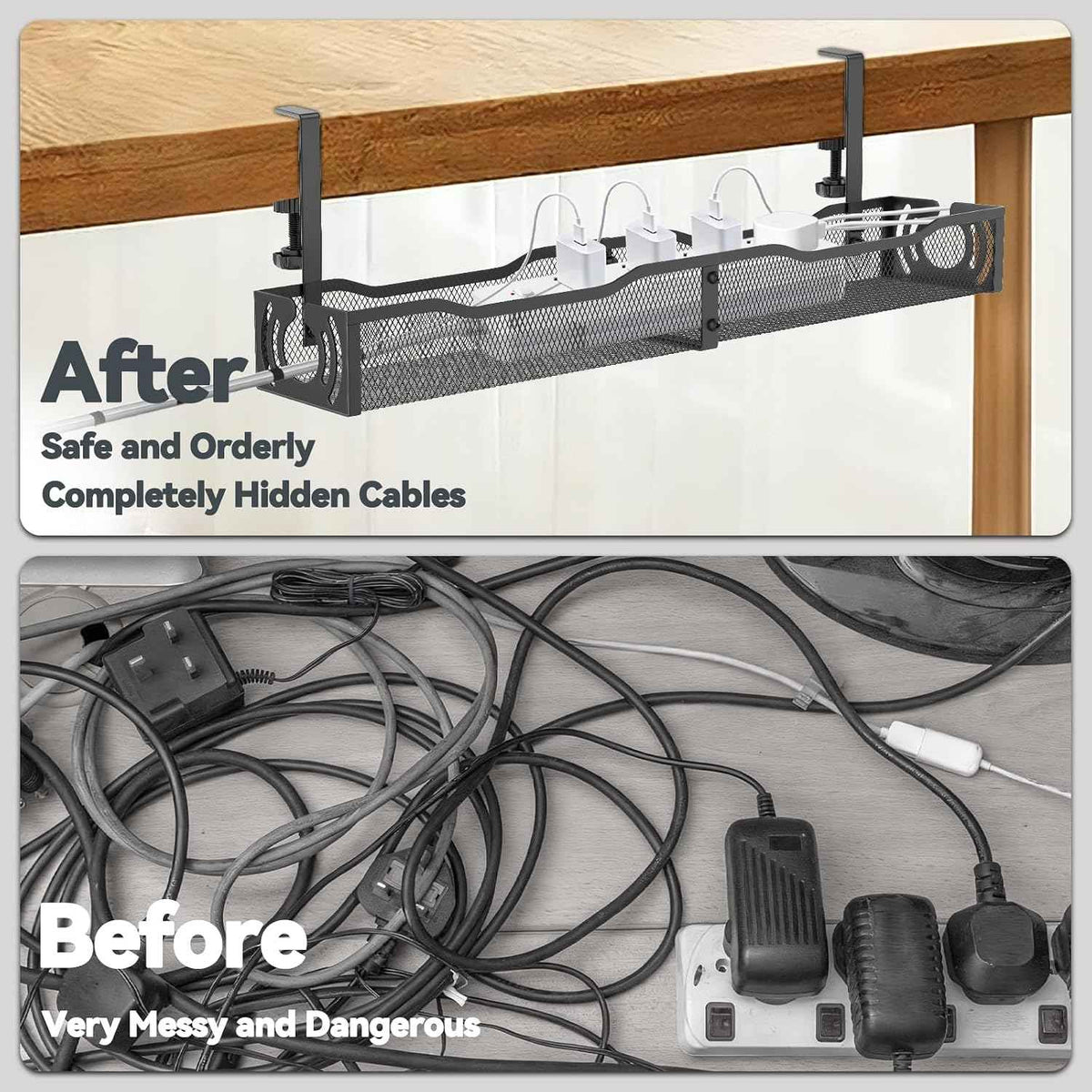 25.3-Inch Under-Desk Cable Tray – No-Drill Clamp-On Metal Cord Organizer, Black