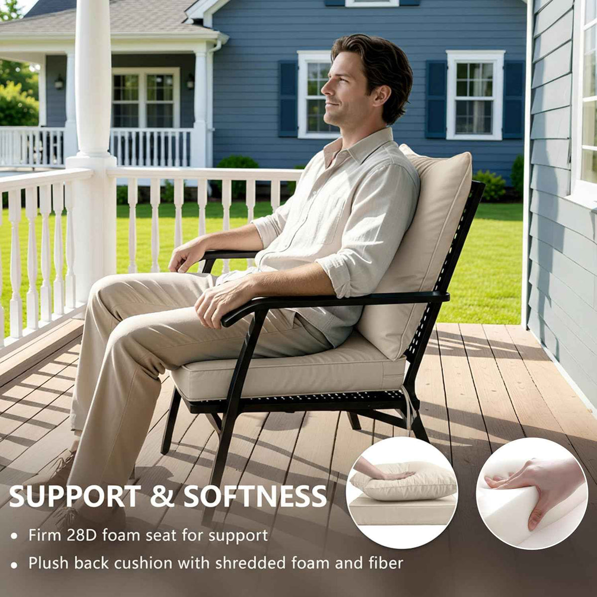22x22 Inch Patio Chair Cushions Set of 2, Outdoor Furniture Cushions - Removable Cover, Water-Repellent, Fade-Resistant, Non-Slip Bottom & Straps, Replacement for Lawn, Porch & Deck Chair - Cream