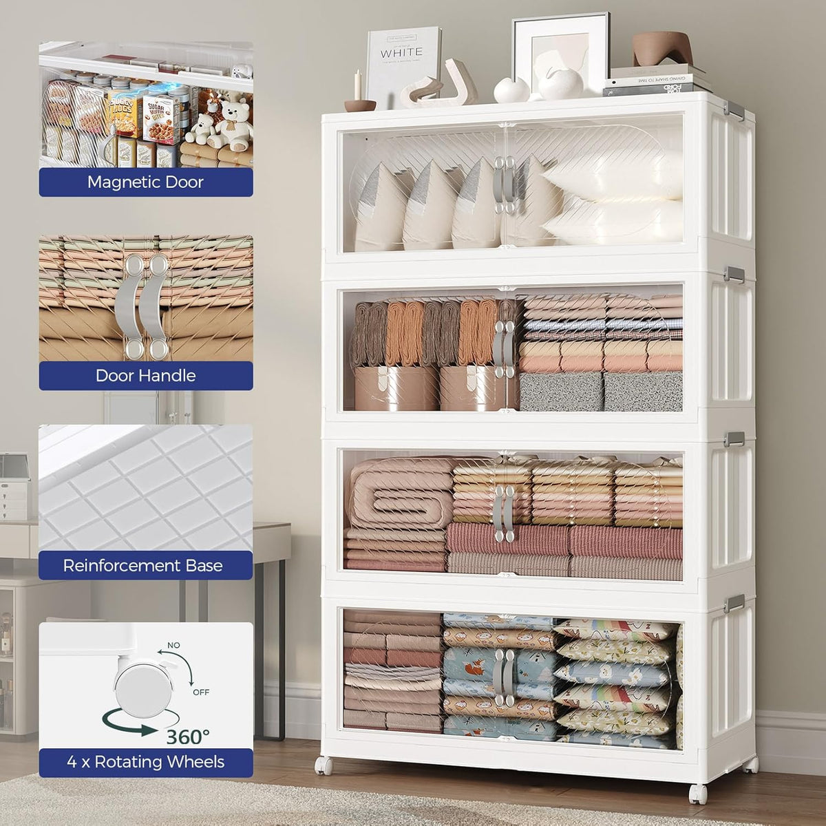 160QT Extra Large Storage Bins with Lid & Wheels, 40Gal Plastic Foldable Storage Box with Door for Home, Closet, Garage, Kitchen, 1Pack White - Field & Nook