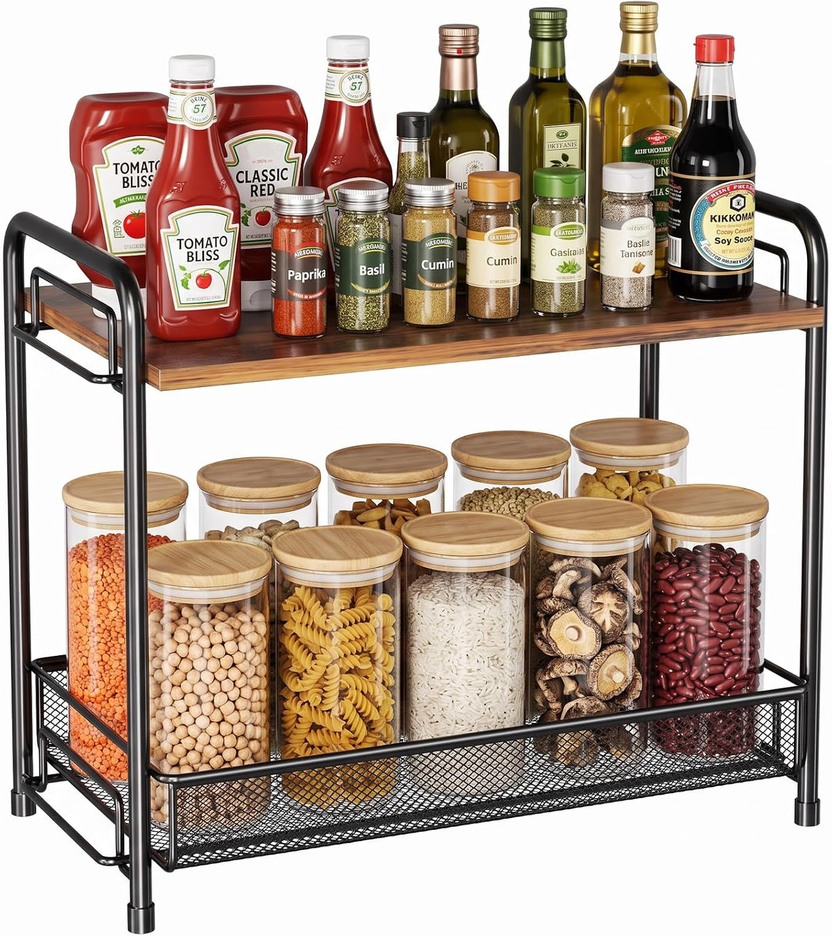 Spice Rack Organizer for Countertop with Wood Top – Black - Field & Nook