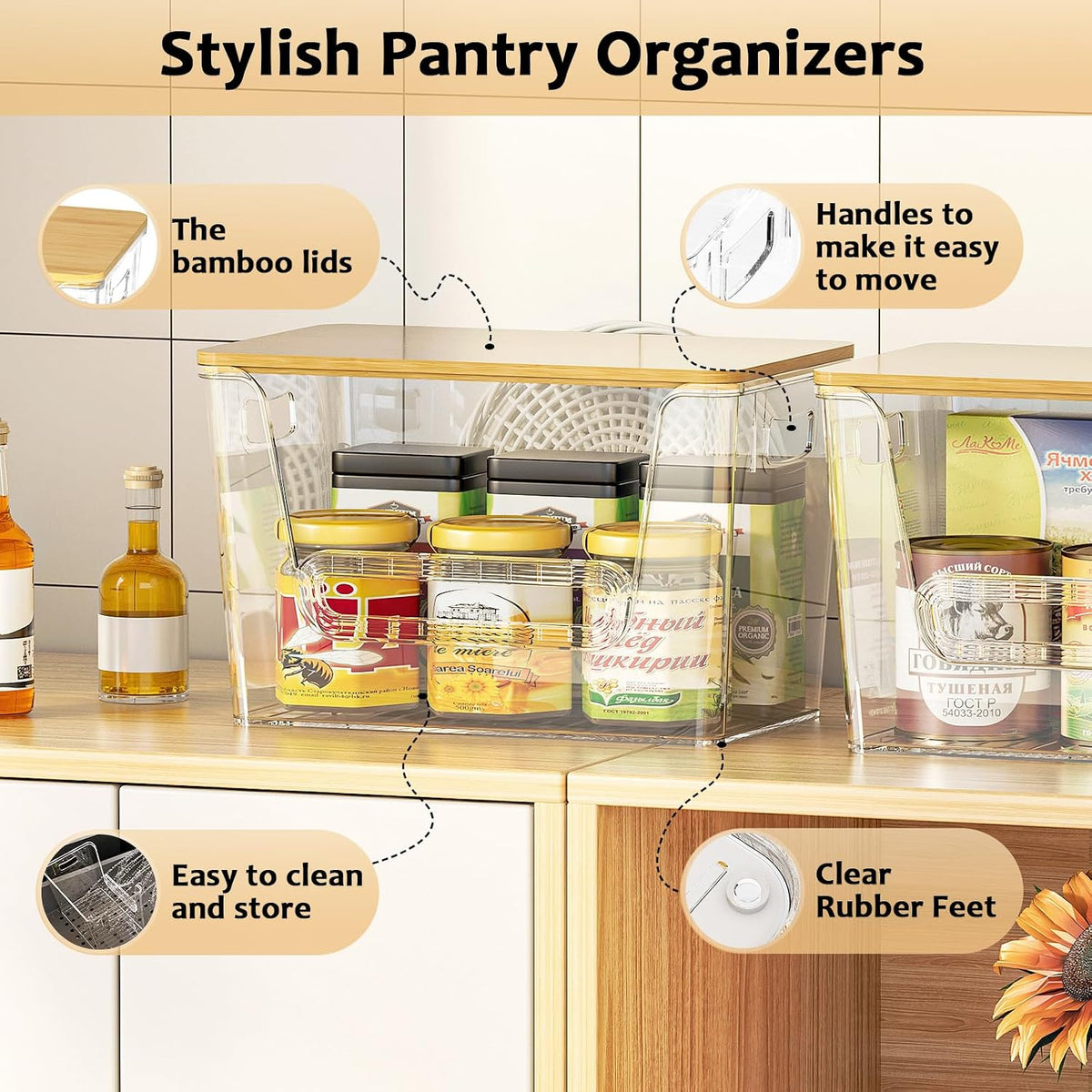 Delamu 4 Pack Pantry Organizers and Storage,Trash Bag Dispenser with Bamboo Top,Stackable Trash Bag Dispenser Under Sink Organizer for 4-30 GalBags,Onion,Potato,Fruits,Clear - Field & Nook