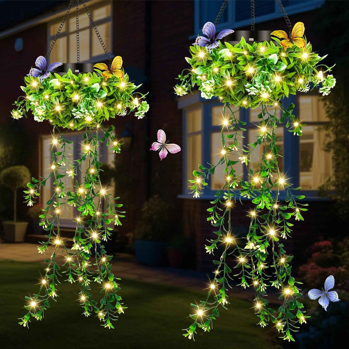 Solar Hanging Garden Lights, 2 Pack 66 LED Outdoor Lights with Realistic Milan Grass & White Flowers, IP65 Waterproof Solar Lanterns for Patio, Porch, Fence, Pergola & Backyard Decor, Auto On/Off