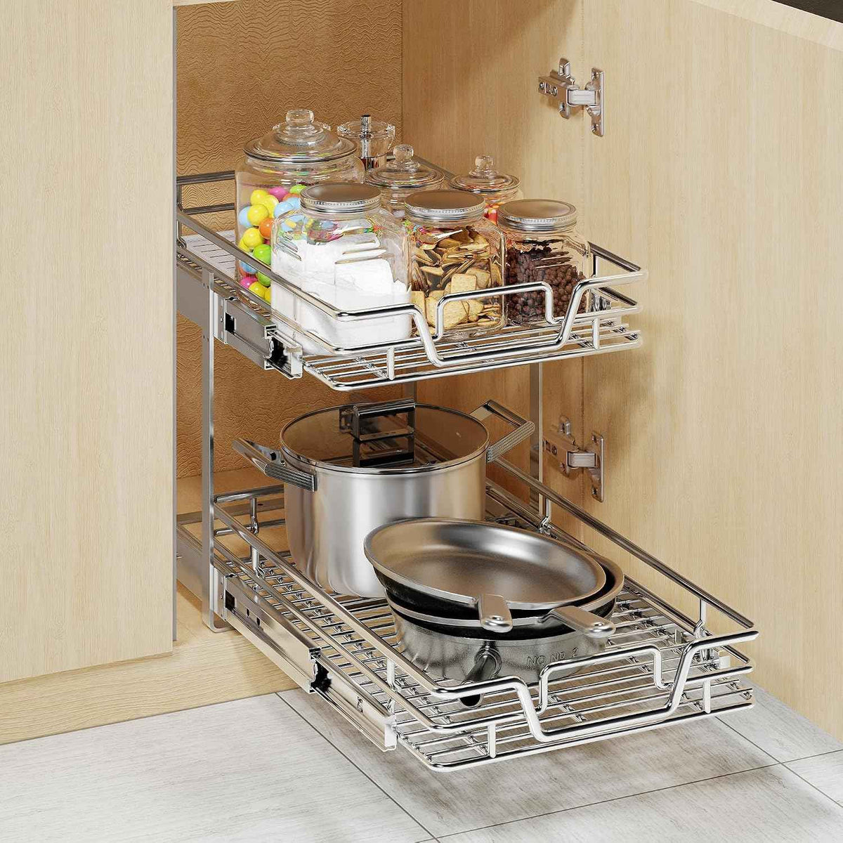 2-Tier Kitchen Cabinet Pull Out Shelf Organizer, 14" W x 21" D