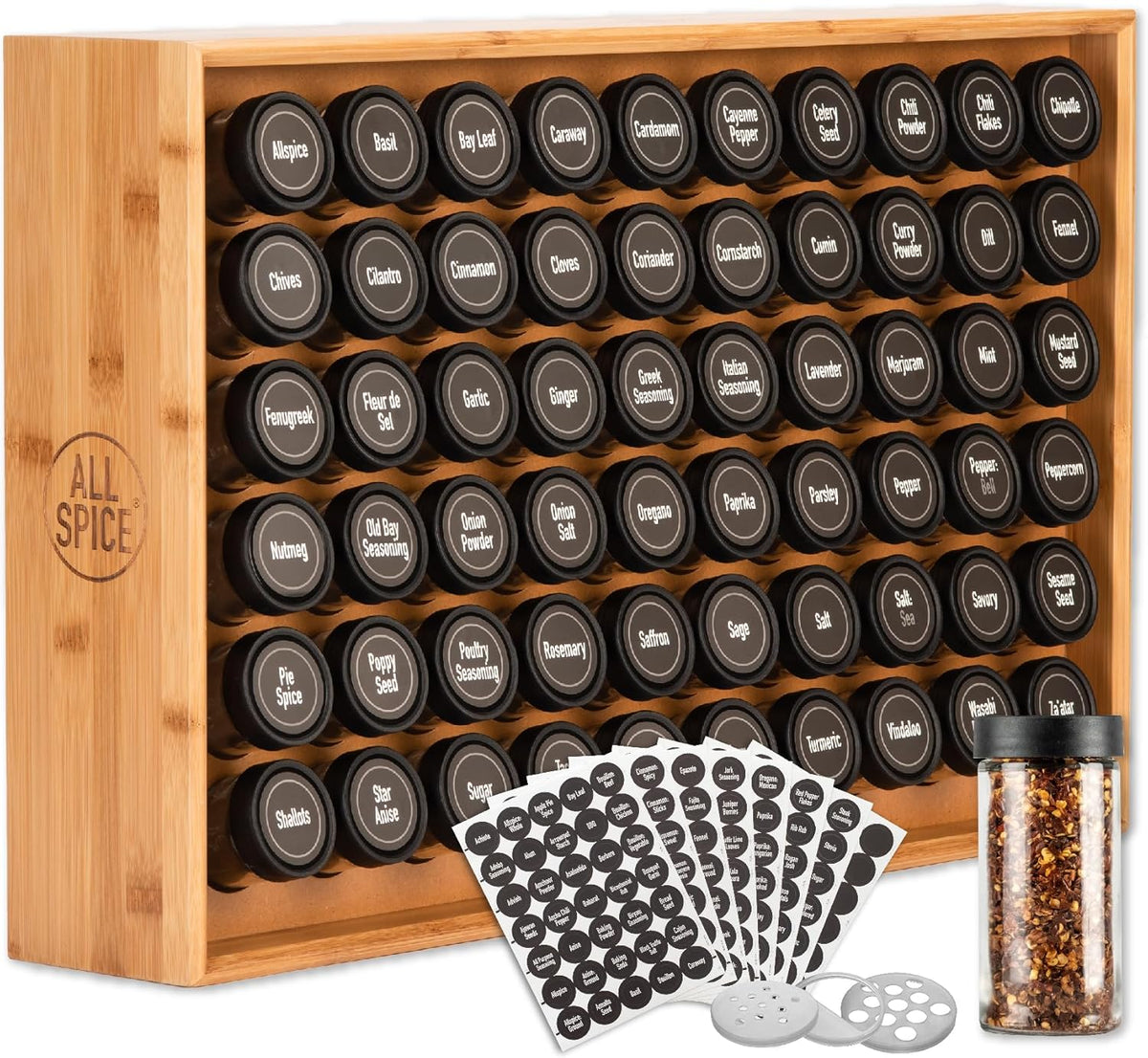 Spice Rack Organizer, Wood, 525 Unique Labels, Countertop or Wall Mount, Includes 60 4oz Jars- Bamboo - Field & Nook