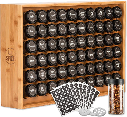 Spice Rack Organizer, Wood, 525 Unique Labels, Countertop or Wall Mount, Includes 60 4oz Jars- Bamboo - Field & Nook
