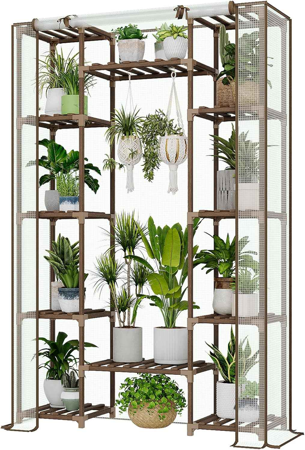 Bamworld Greenhouse Indoor Outdoor 62.2“ Tall Green House Cover Large Invernadero Tiered Stand for Multiple Display Wood Planter Holder for Living Room Garden Balcony Patio Decor