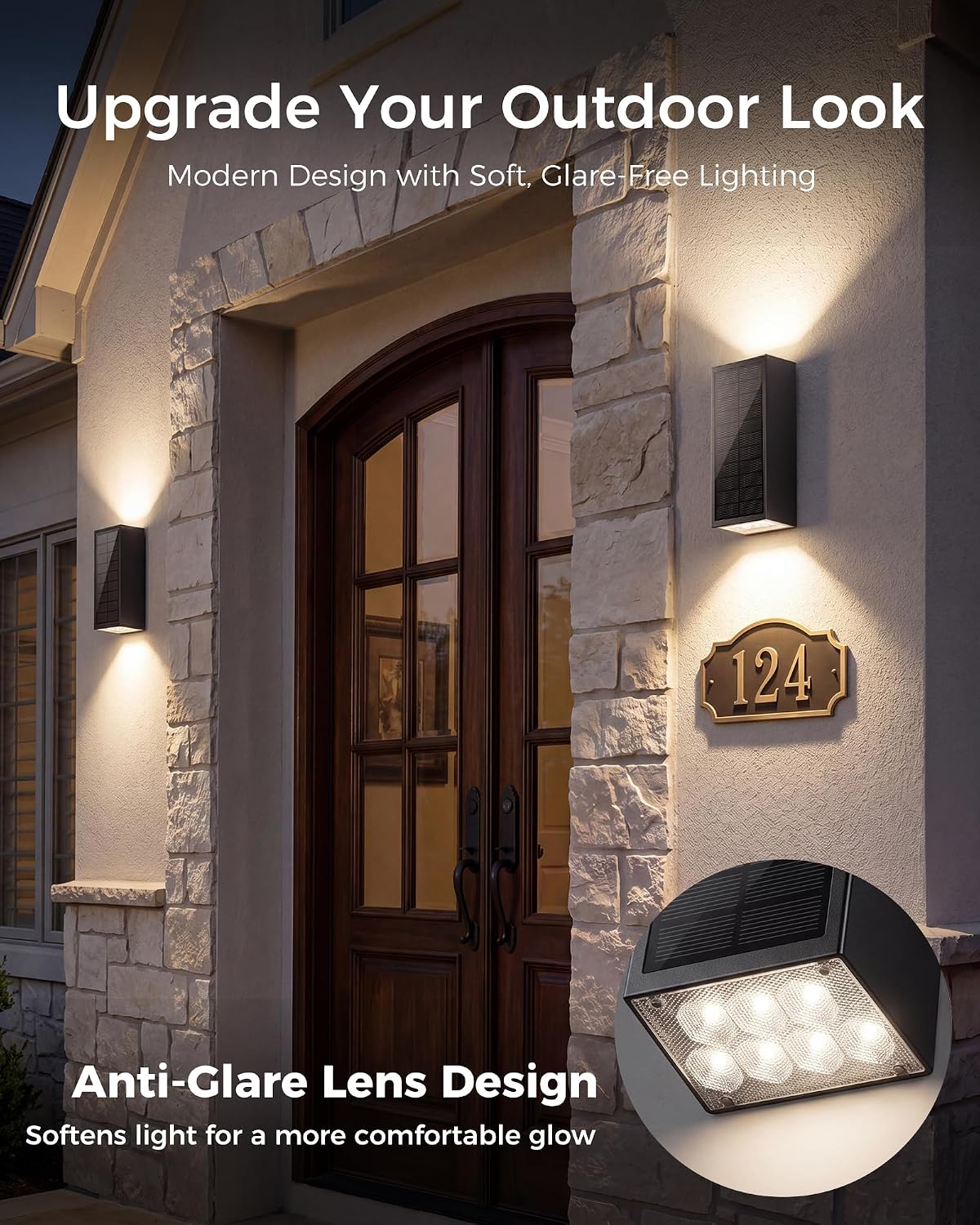 2Pack Solar Wall Lights Outdoor, Dusk to Dawn Up Down Wall Sconce, USB-C Rechargeable Backup, 3CCT Dimmable, IP65 Waterproof LED Exterior Lighting for Front Door Garage Patio Shed