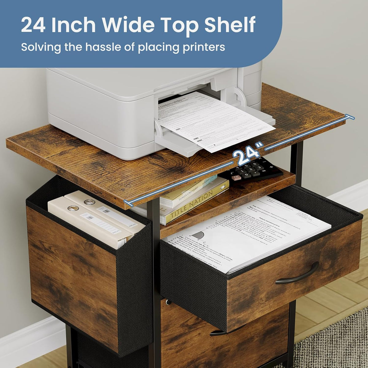 DUMOS 2 Drawer Mobile File Cabinet, Printer Stand with 24'' Wide Desktop | Fabric Drawer Cabinet Under Desk with Storage Side Bag,Rolling Printer Cart Not for Hanging Files for Home Office, Brown - Field & Nook