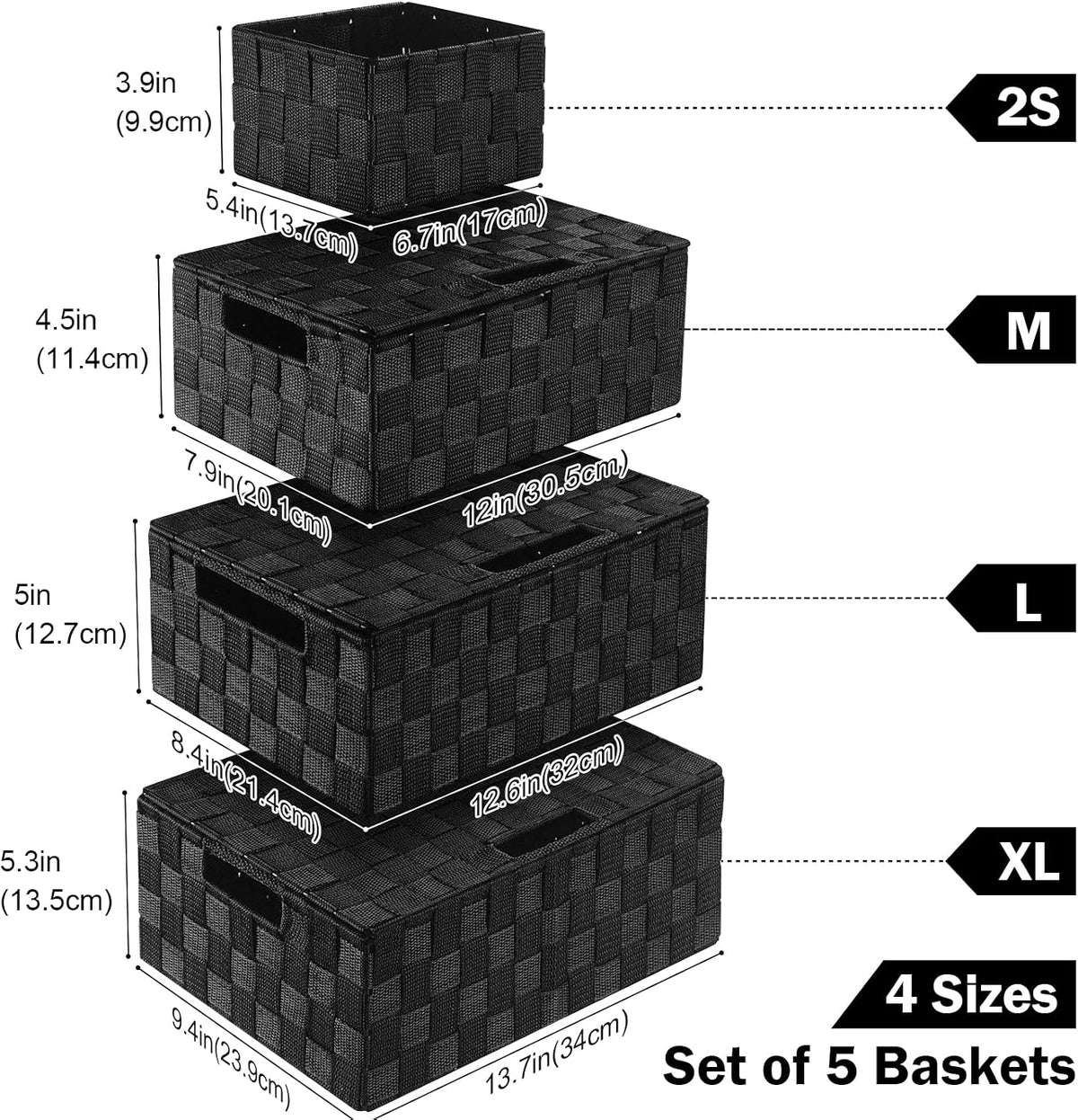 Storage Baskets with Lids: 5 Pack Stackable Woven Storage Bins, Black | Decorative Woven Baskets for Organizing with Built-In Handles for Shelves, Closets, Cabinets and Cubbies, Gift Small Basket - Field & Nook