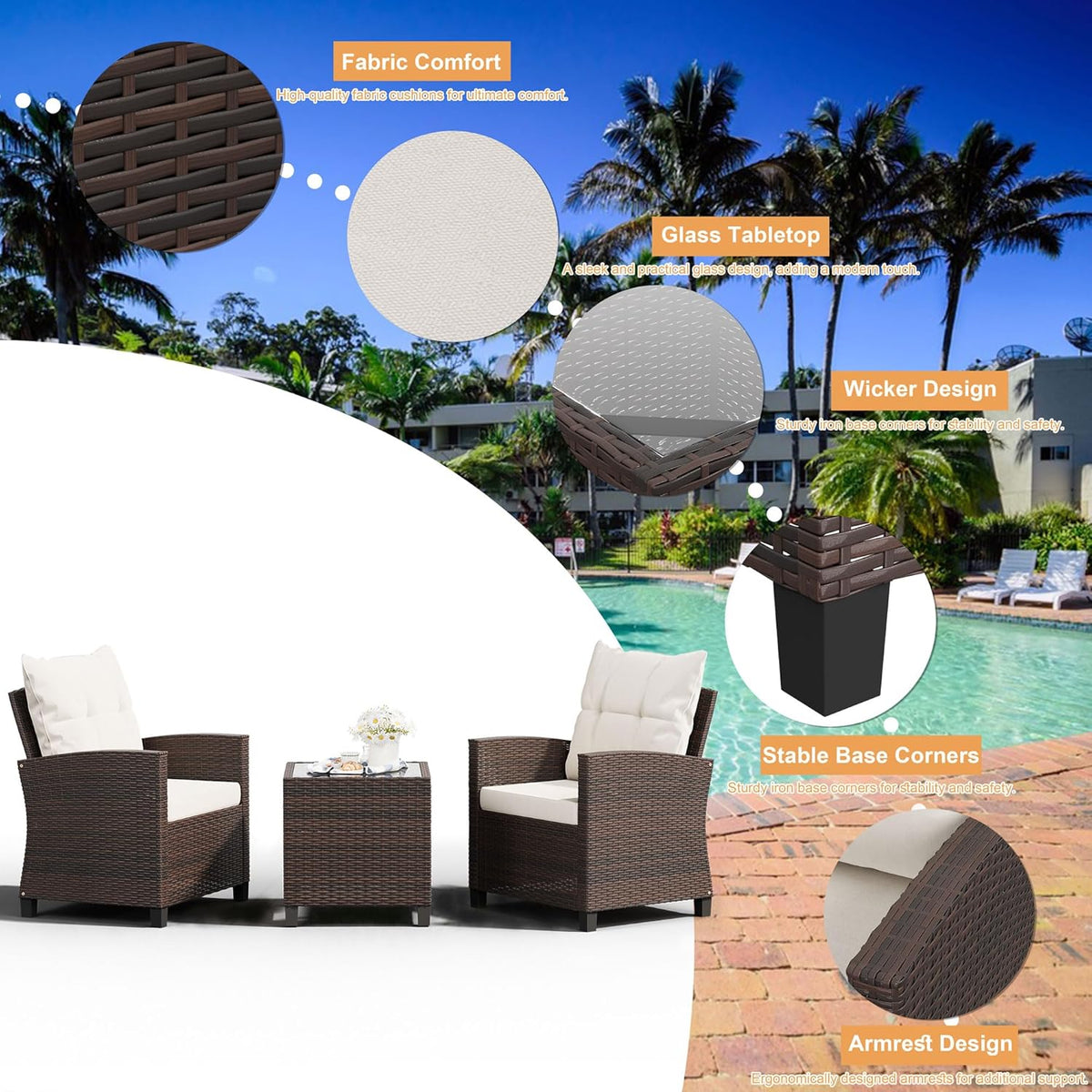 Shintenchi 3 Pieces Patio Furniture Set, PE Rattan Wicker 3 Pcs Patio