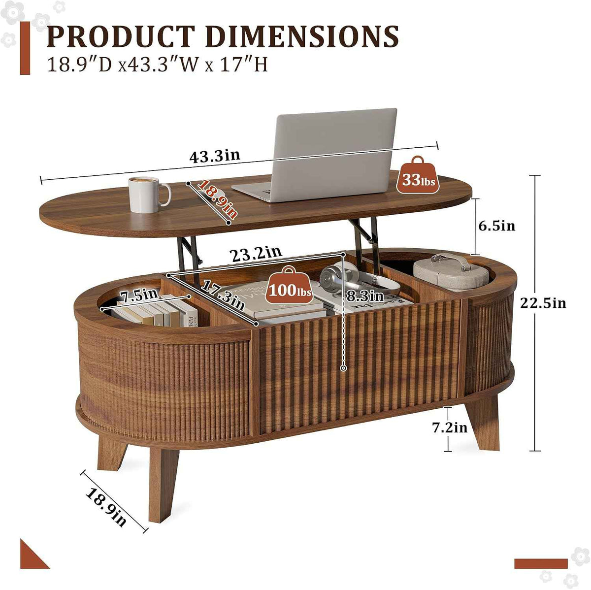 LYNCOHOME Fluted Lift Top Coffee Table, Walnut