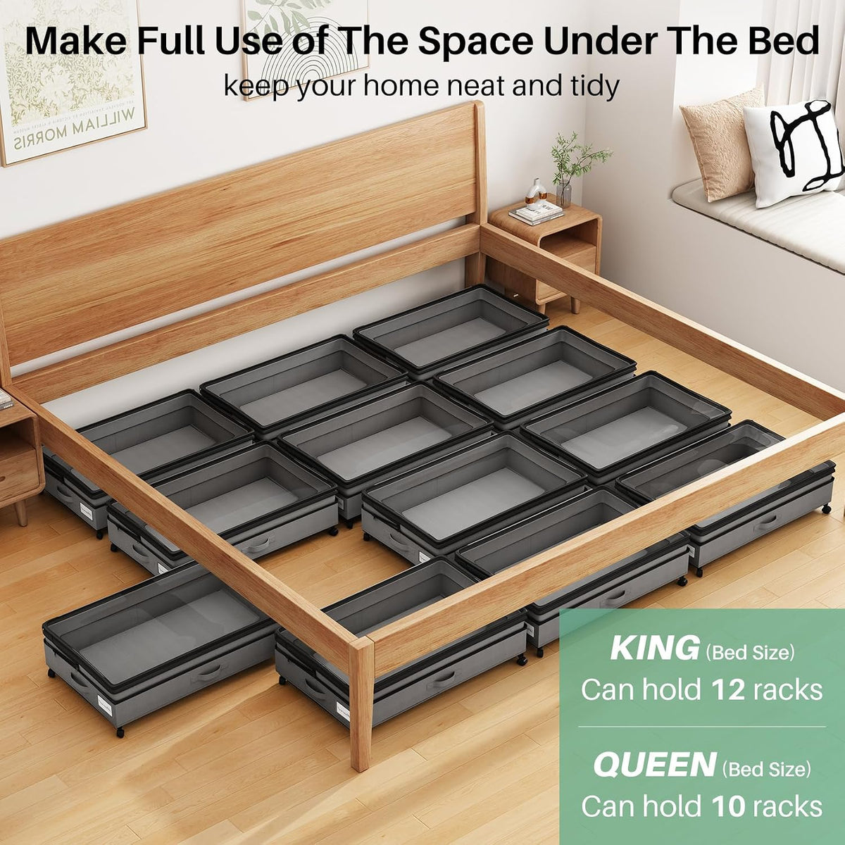 Kitstorack Under Bed Storage with Wheels 2Pack Height-adjustable Under Bed Storage Containers,Under Bed Shoe Storage Organizer with Clear Window&Label, Suitable for Clothes Storage, Gray - Field & Nook