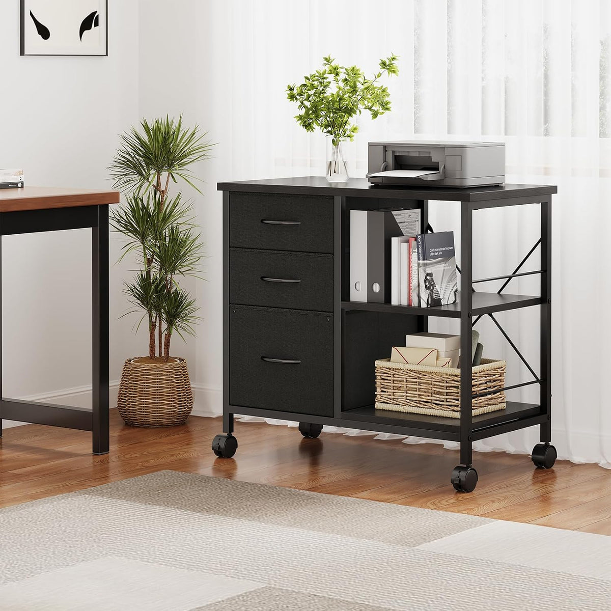 DUMOS 3-Tier Mobile File Cabinet, Rolling Printer Stand with Storage | Fabric Lateral Filing Cabinet fits A4/Letter Size, Under Desk Drawer Cabinet, Printer Cart for Home Office, Black - Field & Nook