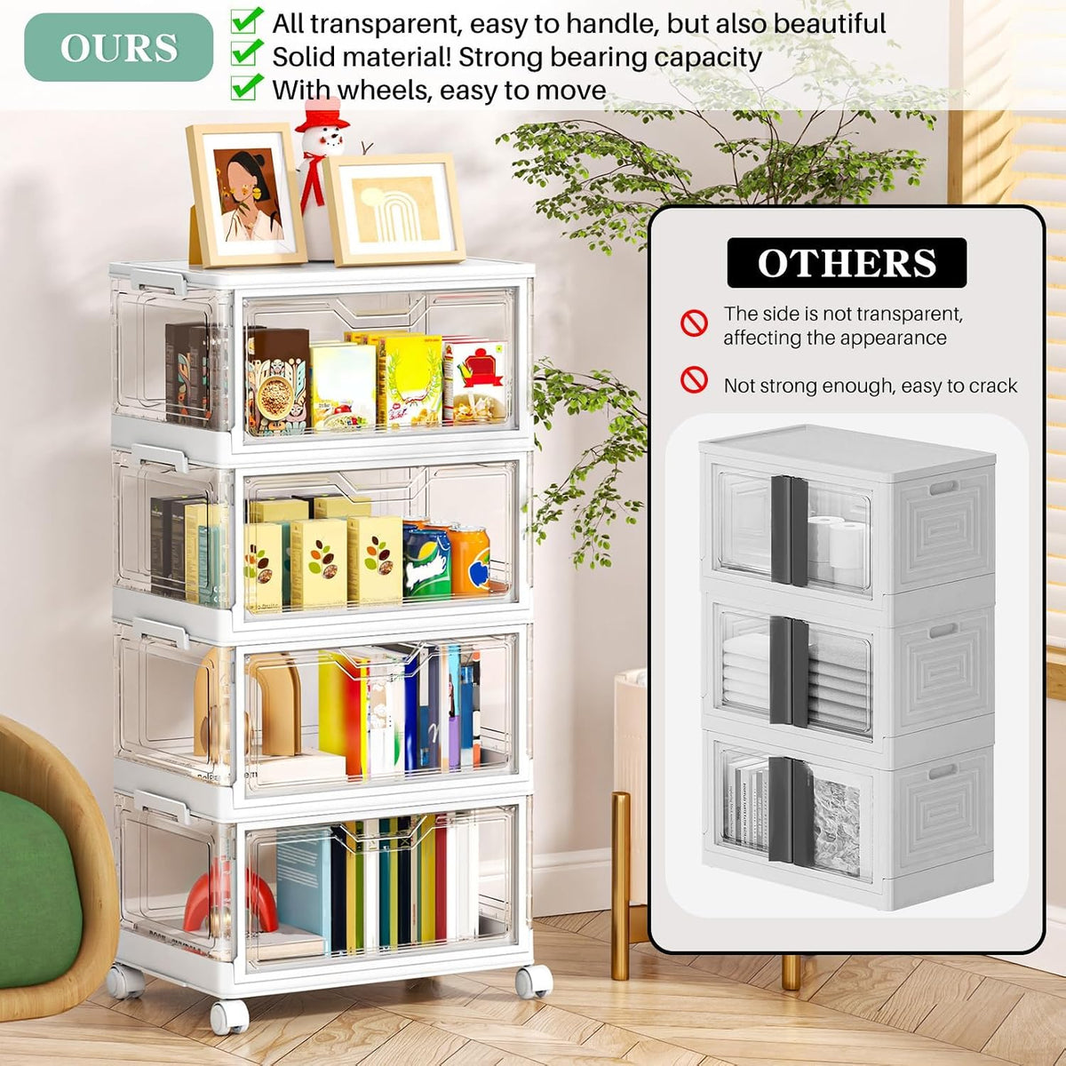 Kmiectse Clear Storage Bins with Lids - 4 Tier 23qt Plastic Stackable Bins | Closet Organizers Box for Bedroom, Living Room, 23 QT Folding Box with Magnetic door - Field & Nook