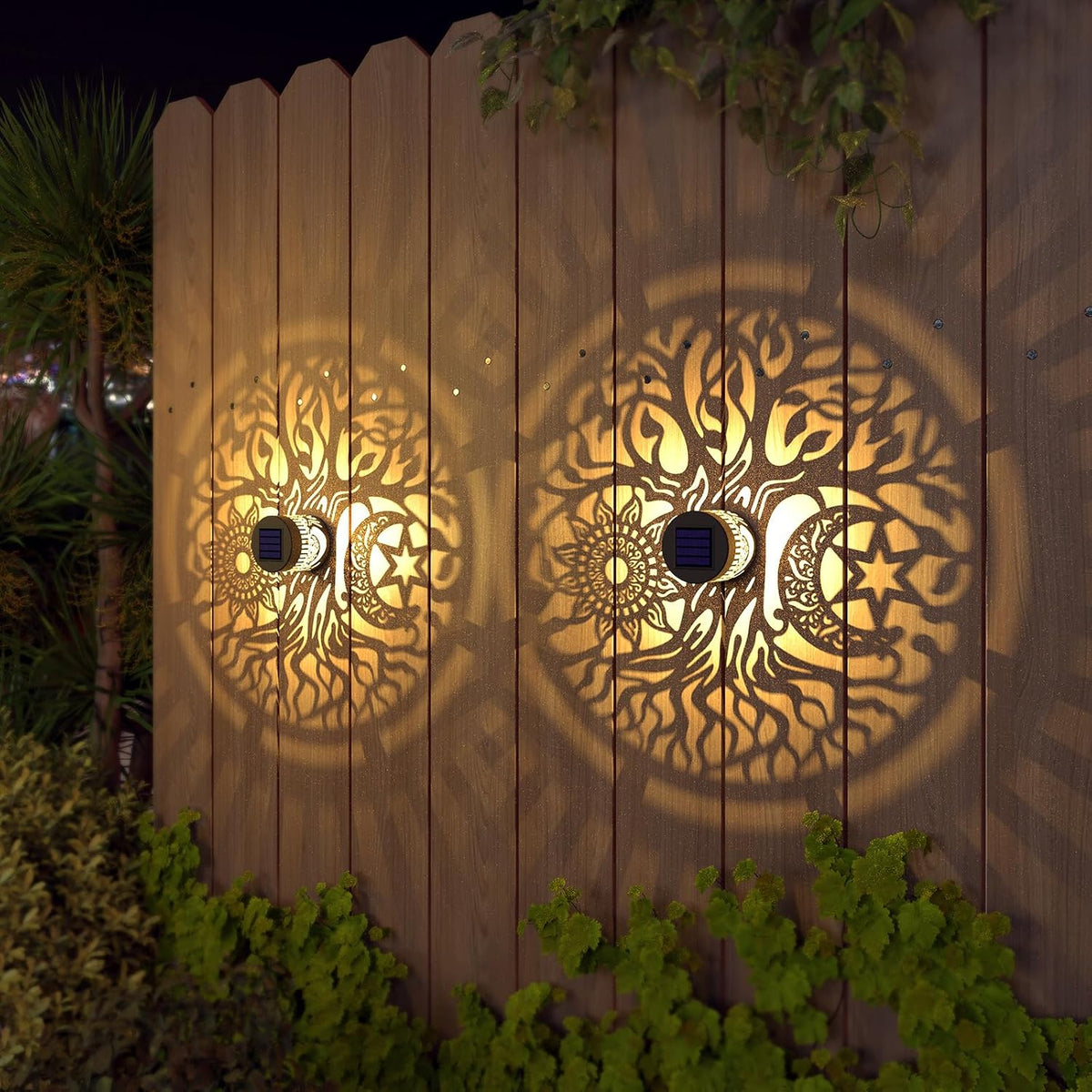 Solar Tree-Pattern Fence & Wall Lights – 2 Pack