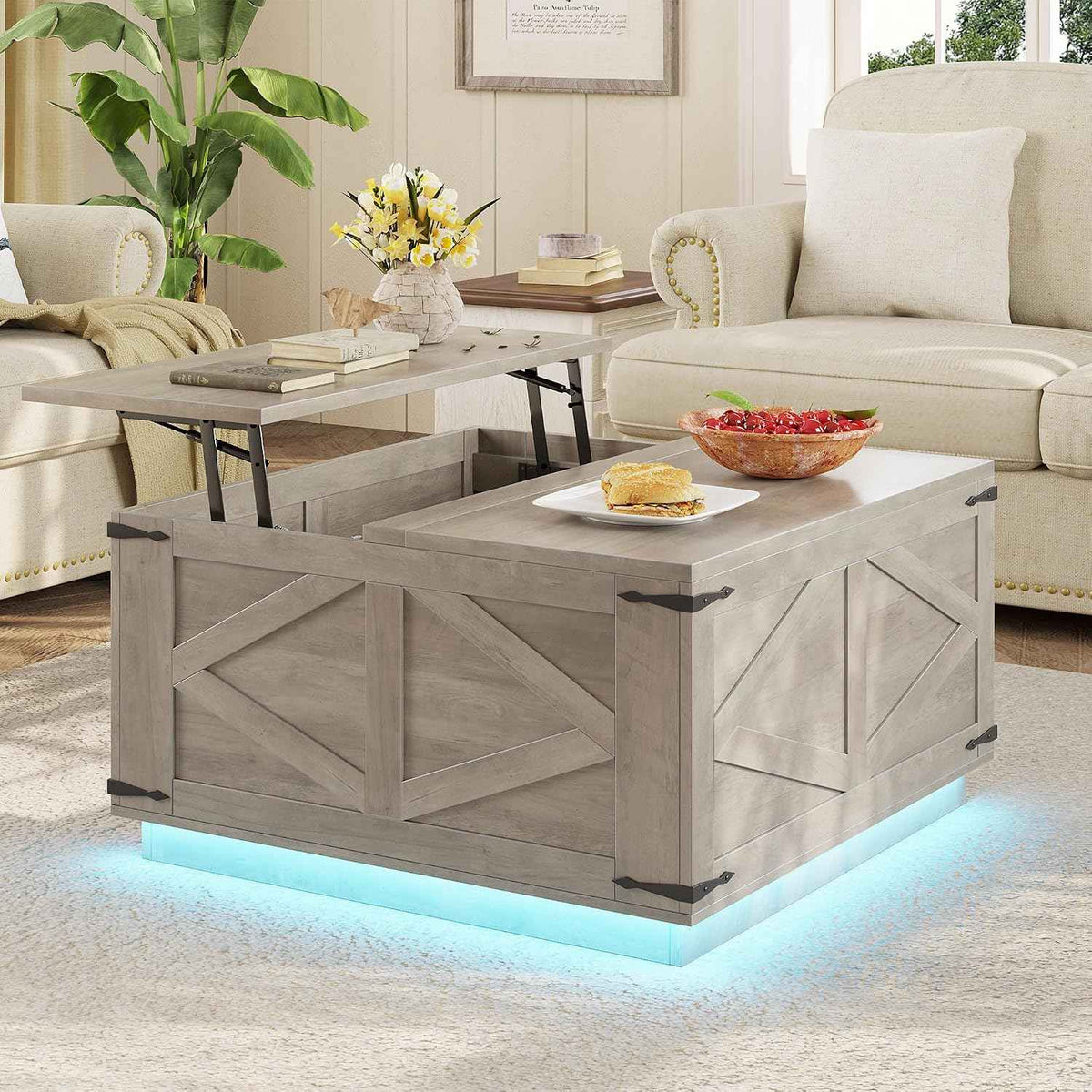 Jocoevol Lift Top Coffee Table with LED Lighting, Rustic Grey