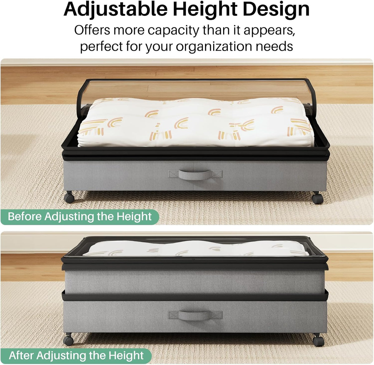 Kitstorack Under Bed Storage with Wheels 2Pack Height-adjustable Under Bed Storage Containers,Under Bed Shoe Storage Organizer with Clear Window&Label, Suitable for Clothes Storage, Gray - Field & Nook