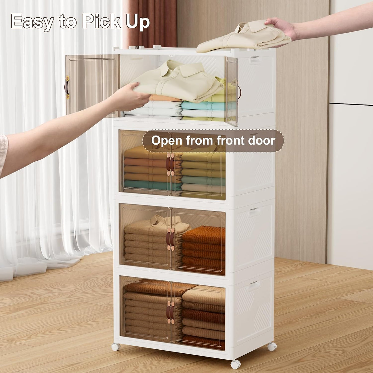 JOYMOOP Folding Storage Bins Organizer, 336 Quart Collapsible Storage Boxes with Wheels and Door, Stackble Plastic Storage Container for Clothing, Books and Sundries (XXL, 21 Gal Per, 4 Tiers) - Field & Nook