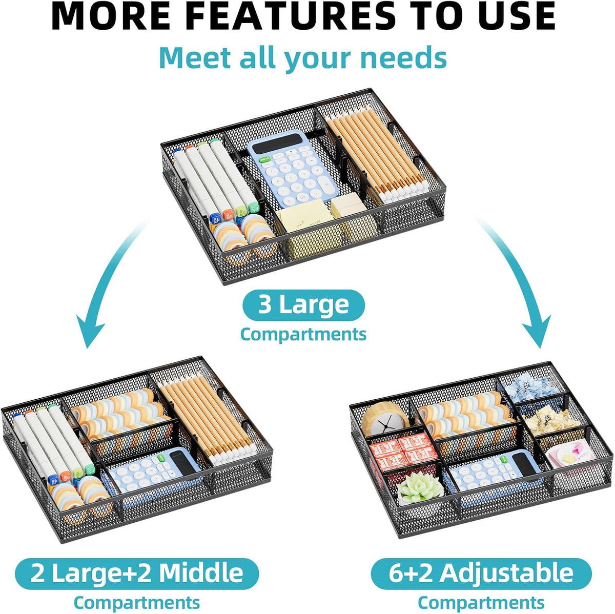 Marbrasse 2 Pack Desk Drawer Organizer, Mesh Drawer Organizer Tray with 8 Adjustable Compartments, Desk Organizers and Accessories, 5 Dividers Drawer for Office Supplies, Makeup & Vanity (Black) - Field & Nook