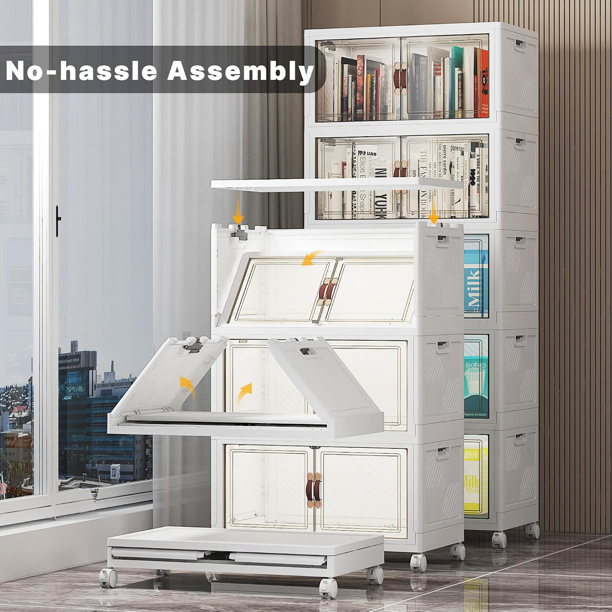 Stackable Storage Bins with Lid, 260QT Plastic Cabinet with Wheels | Large Capacity, Magnetic Door, Stack Lock, Rolling Wheels, Foldable Design, Organizers and Storage for Bedroom Dorm Garage - Field & Nook