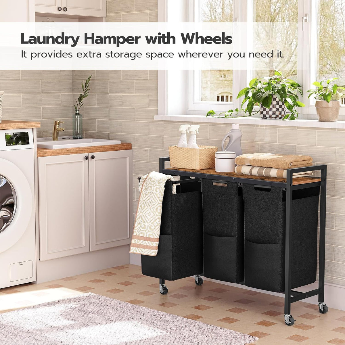 3-Section Rolling Laundry Sorter with Pull-Out Oxford Bags - Field & Nook