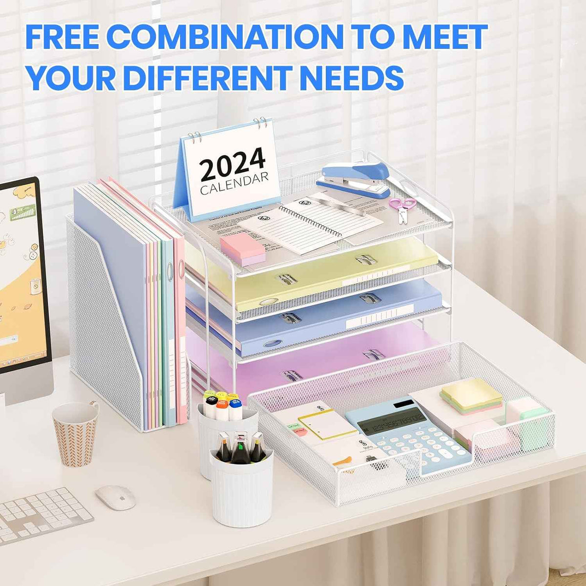 Desk Organizer, 4-Tier Desktop File Organizer with Drawer and Pen Holders, Office Desk Accessories, File Sorters, Workspace Organizers for Office Supplies(White)
