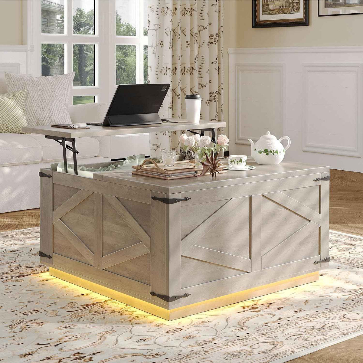 Jocoevol Lift Top Coffee Table with LED Lighting, Rustic Grey