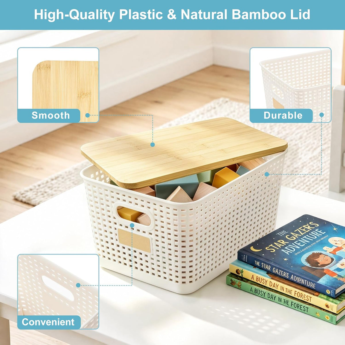 2 Pack Tall Plastic Storage Bins with Bamboo Lids, 10.8qt Stackable Storages Baskets for Organizing Desktop Closet Playroom Classroom Office, 12"L x 8.3"W x 6.1"H, Cream White - Field & Nook